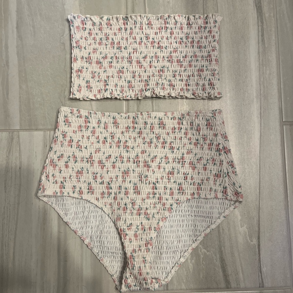 Reformation White Smocked Bandeau & High-Waist Bikini with Pink roses